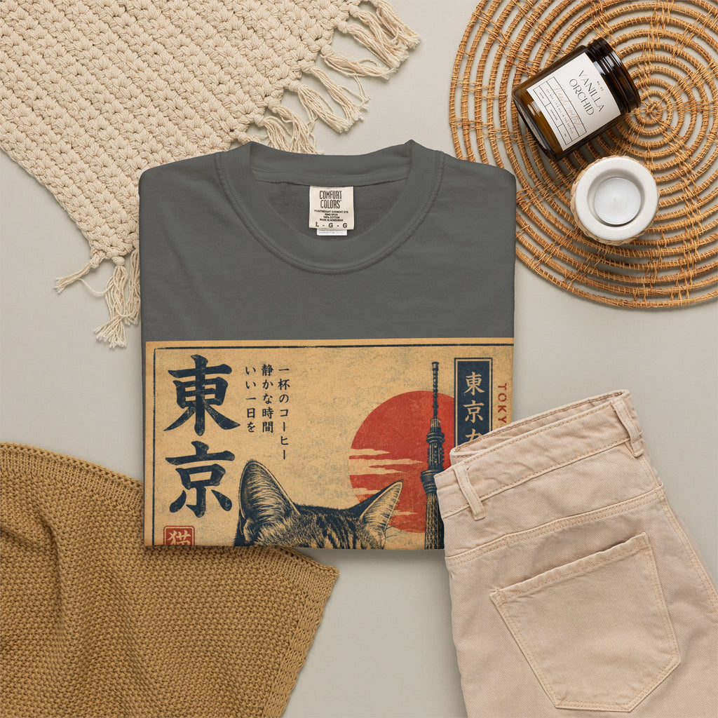 Tokyo Cat Coffee Retro Tee — Cat with Coffee Vintage Japanese Poster T-Shirt
