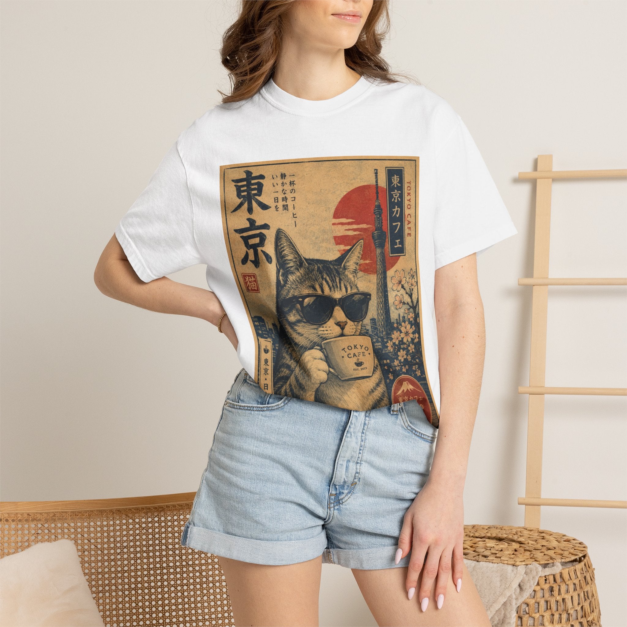 Tokyo Cat Coffee Retro Tee — Cat with Coffee Vintage Japanese Poster T-Shirt