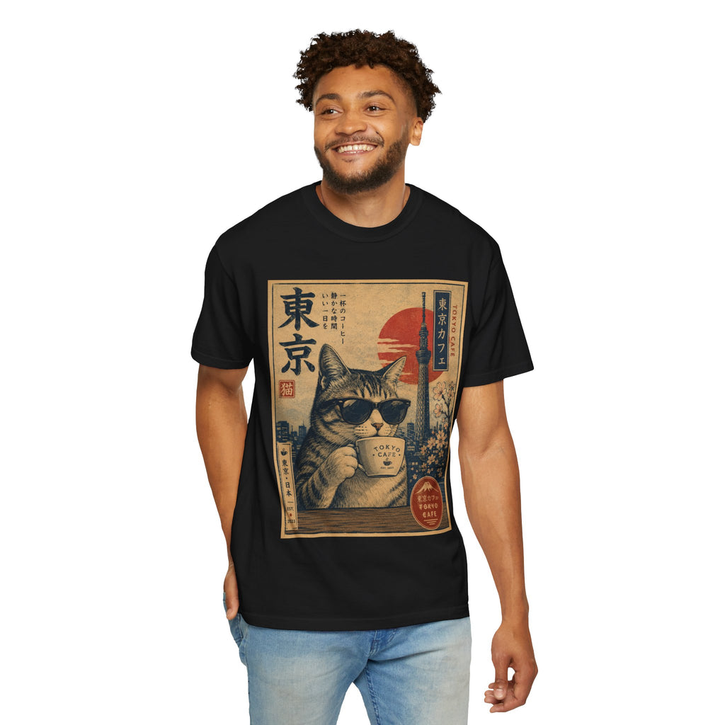 Tokyo Cat Coffee Retro Tee — Cat with Coffee Vintage Japanese Poster T-Shirt