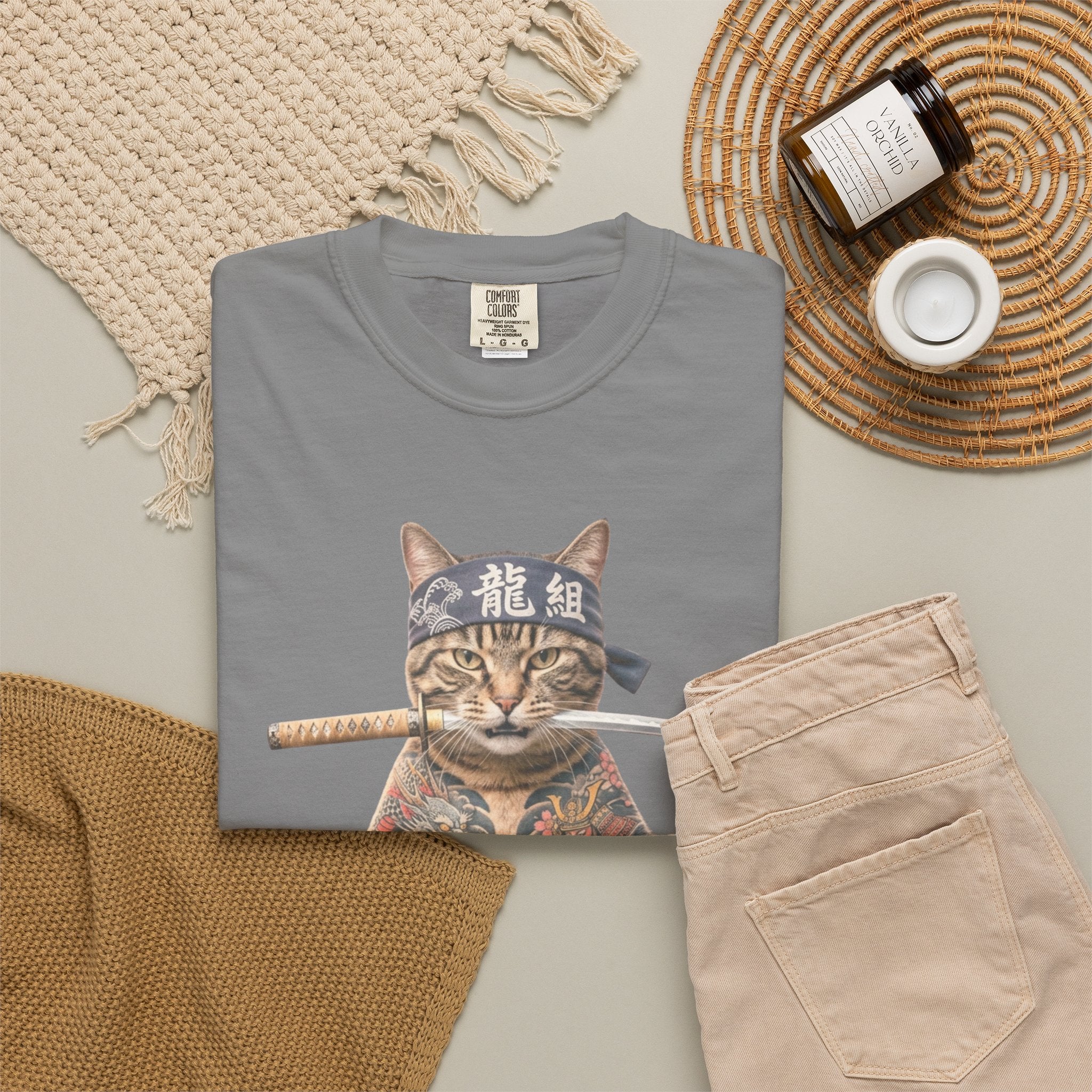 Tattooed Samurai Cat T-Shirt — Ink Tiger Graphic Tee
