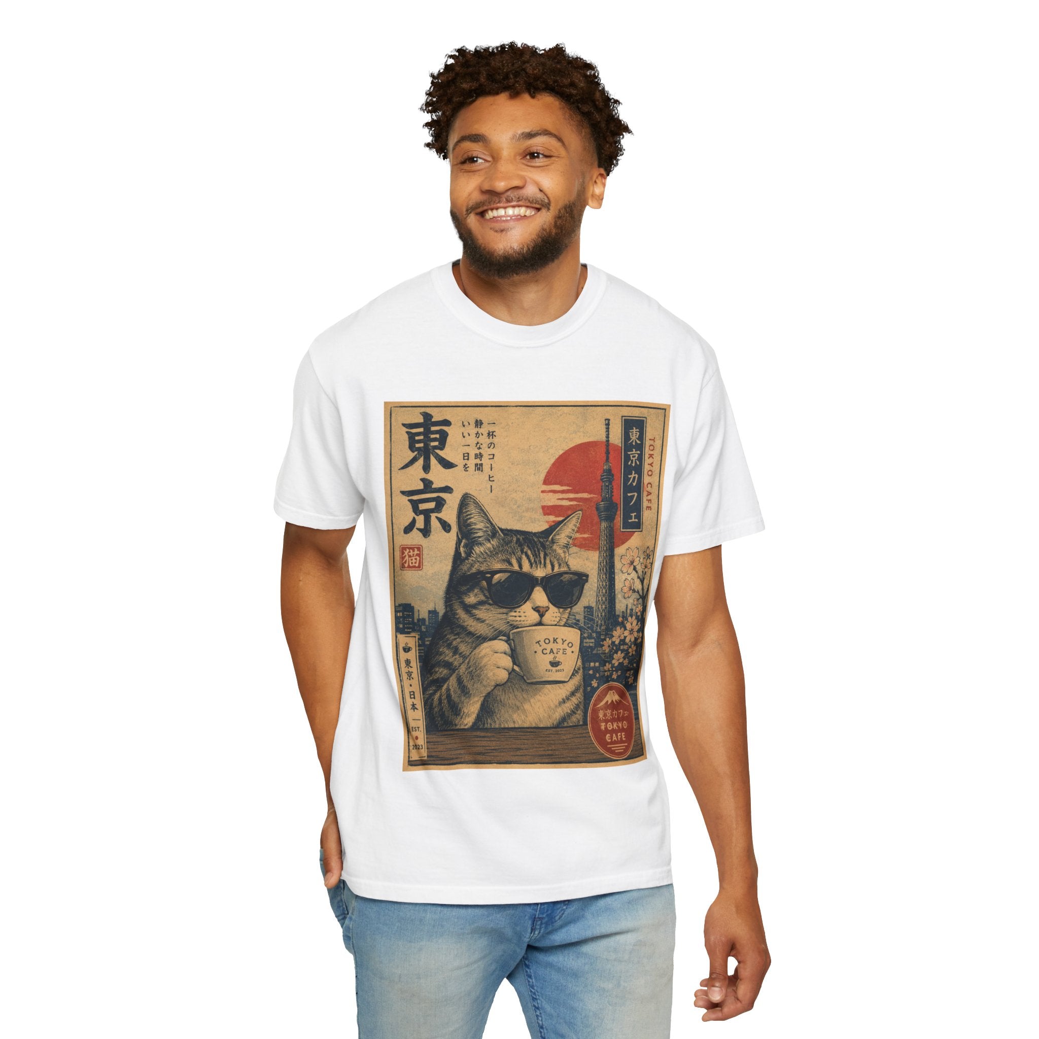 Tokyo Cat Coffee Retro Tee — Cat with Coffee Vintage Japanese Poster T-Shirt