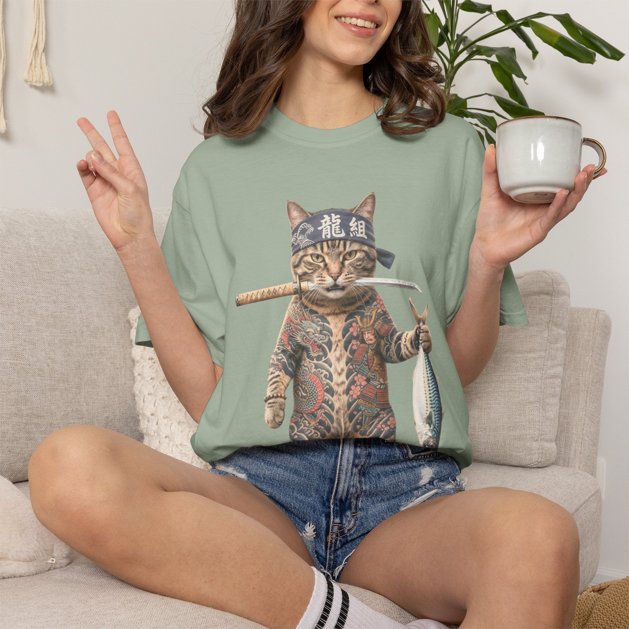 Tattooed Samurai Cat T-Shirt — Ink Tiger Graphic Tee