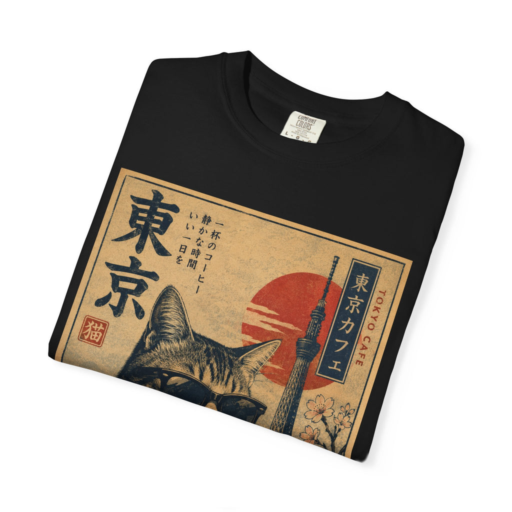 Tokyo Cat Coffee Retro Tee — Cat with Coffee Vintage Japanese Poster T-Shirt
