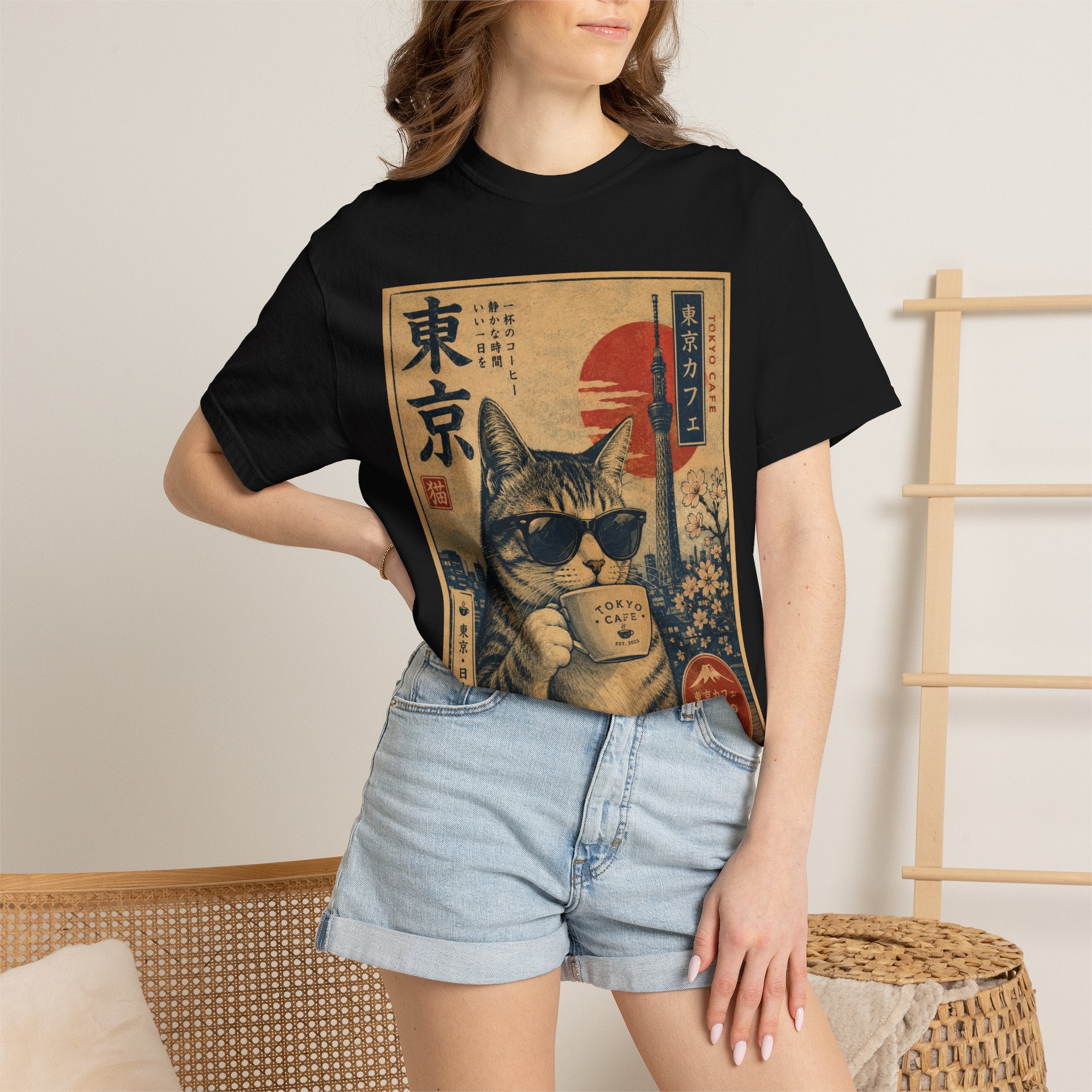 Tokyo Cat Coffee Retro Tee — Cat with Coffee Vintage Japanese Poster T-Shirt