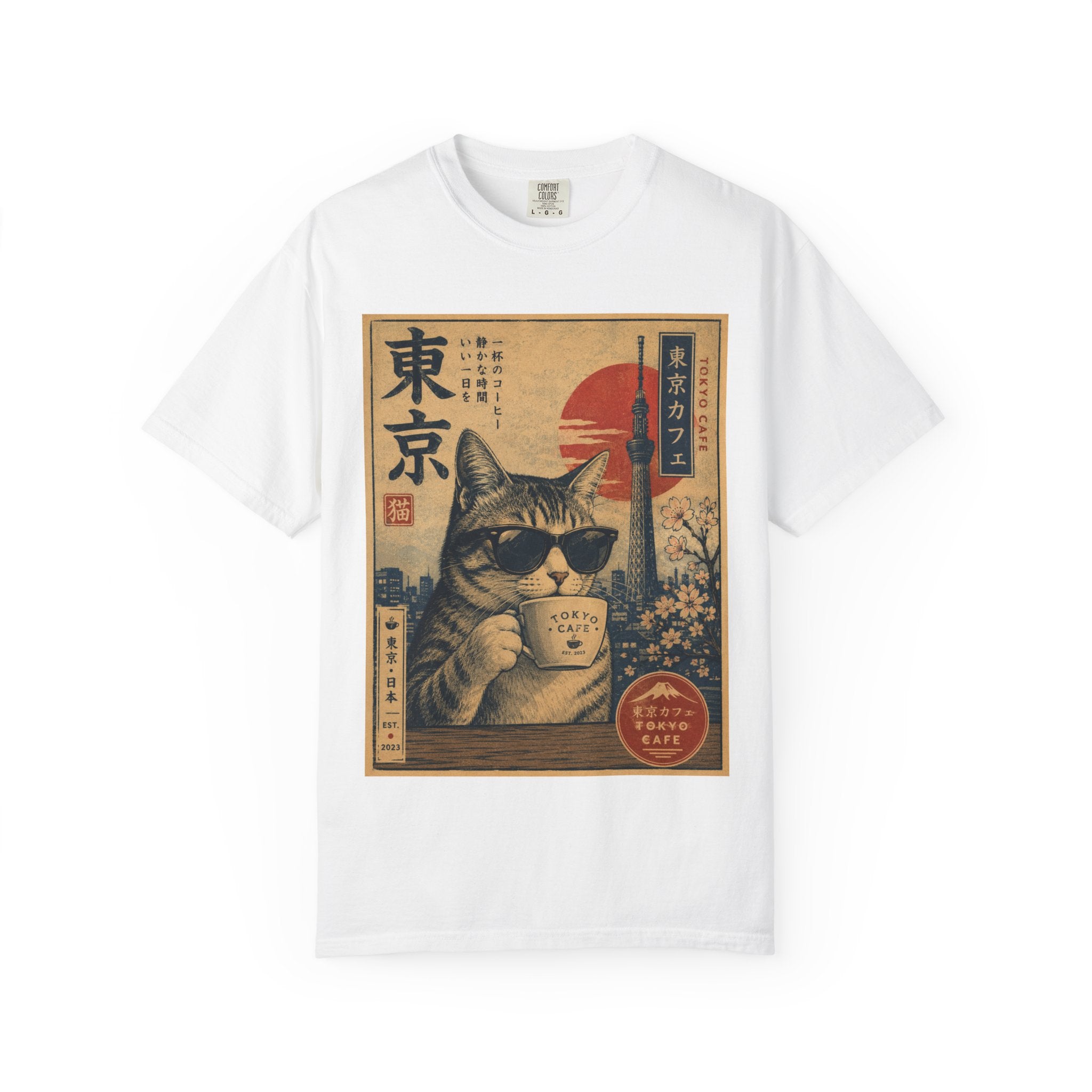Tokyo Cat Coffee Retro Tee — Cat with Coffee Vintage Japanese Poster T-Shirt