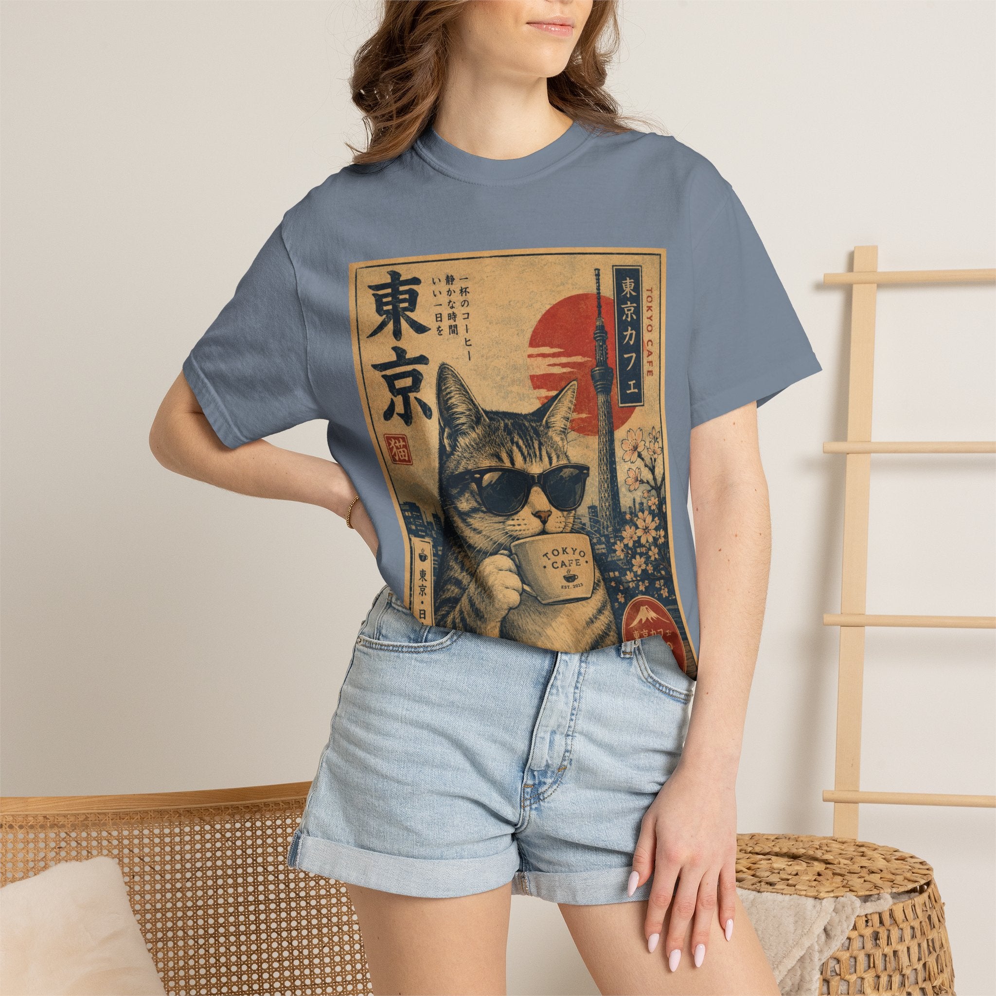 Tokyo Cat Coffee Retro Tee — Cat with Coffee Vintage Japanese Poster T-Shirt