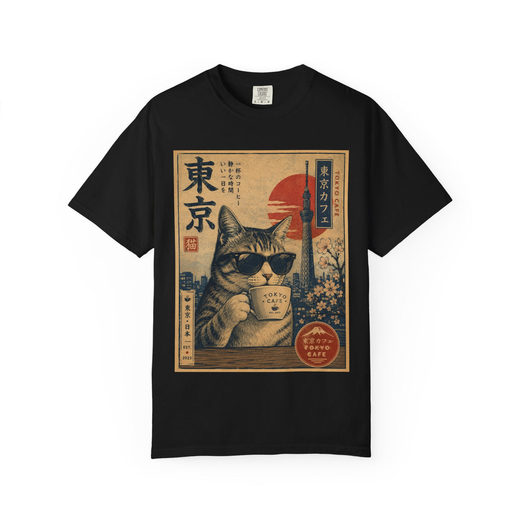 Tokyo Cat Coffee Retro Tee — Cat with Coffee Vintage Japanese Poster T-Shirt