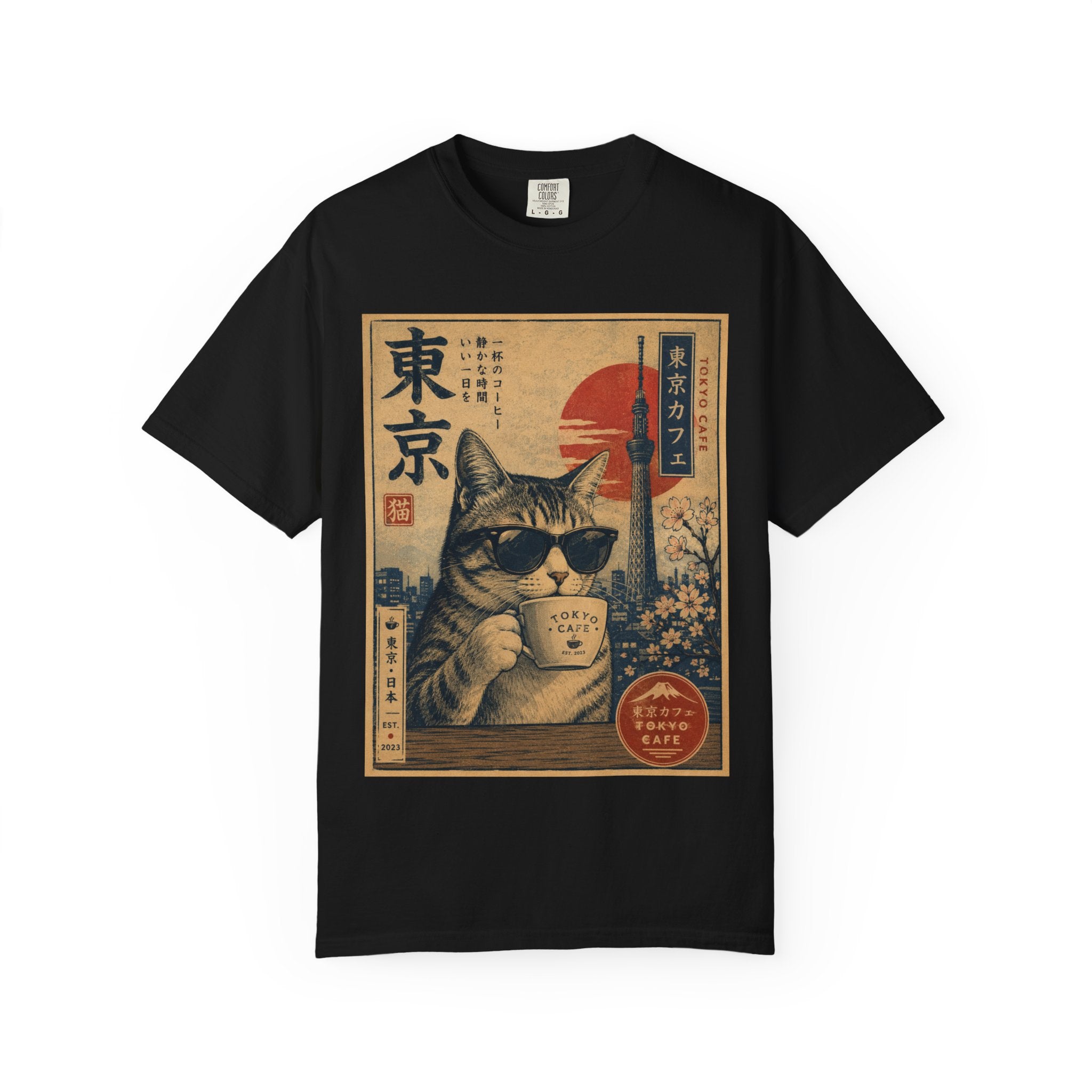 Tokyo Cat Coffee Retro Tee — Cat with Coffee Vintage Japanese Poster T-Shirt