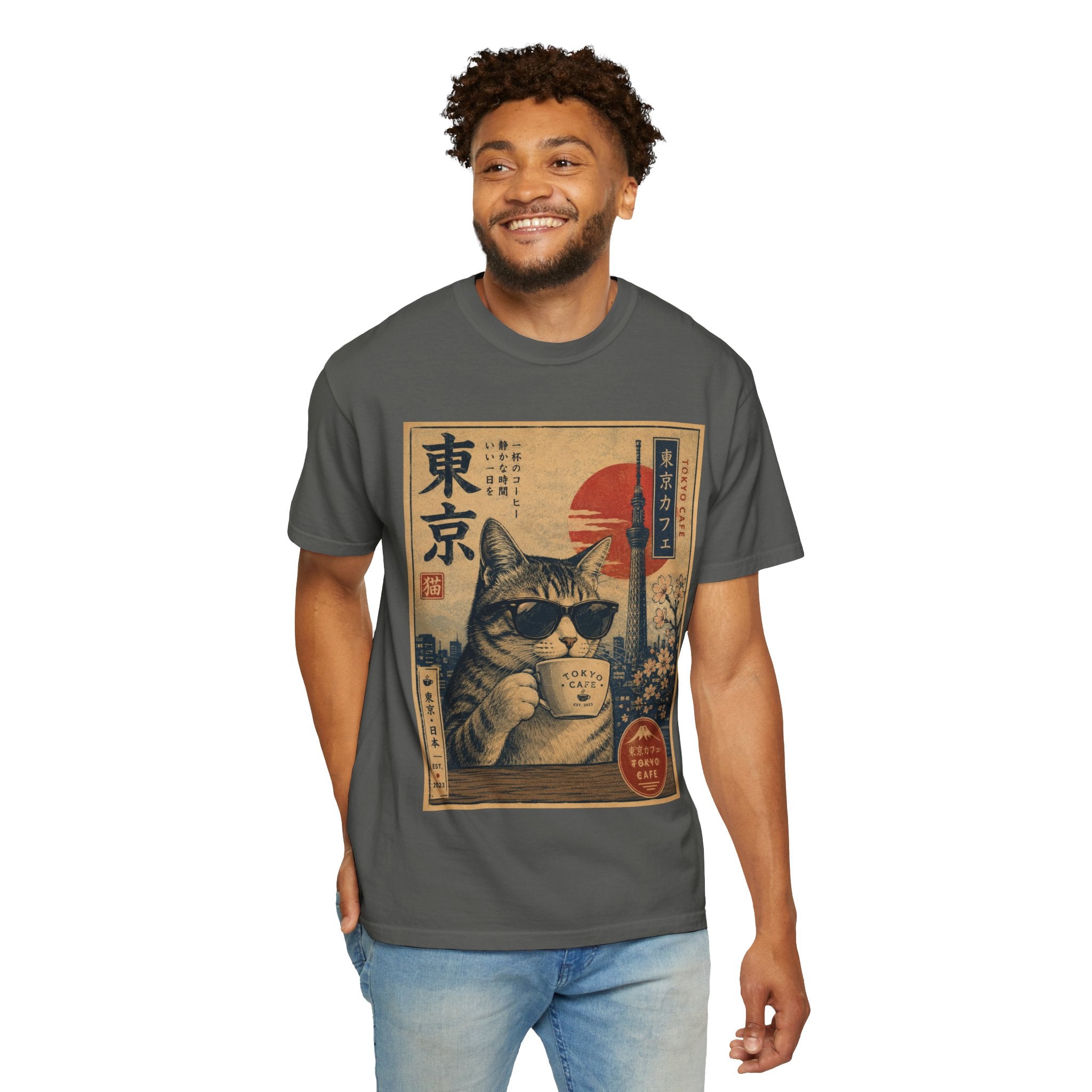 Tokyo Cat Coffee Retro Tee — Cat with Coffee Vintage Japanese Poster T-Shirt