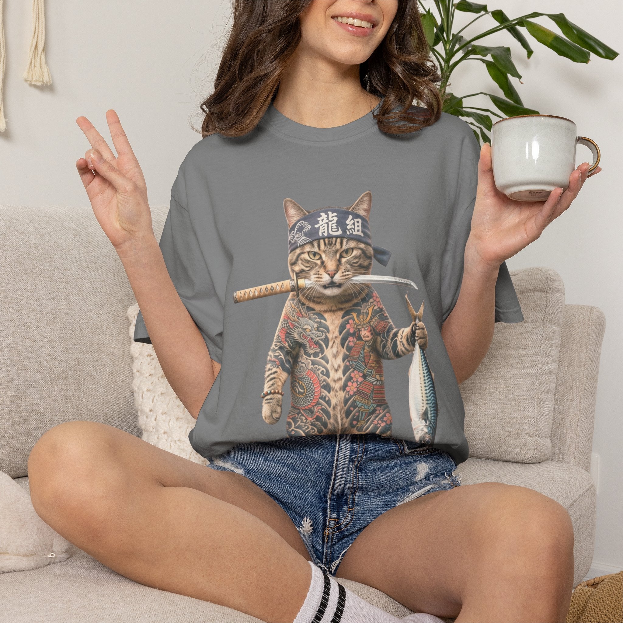 Tattooed Samurai Cat T-Shirt — Ink Tiger Graphic Tee