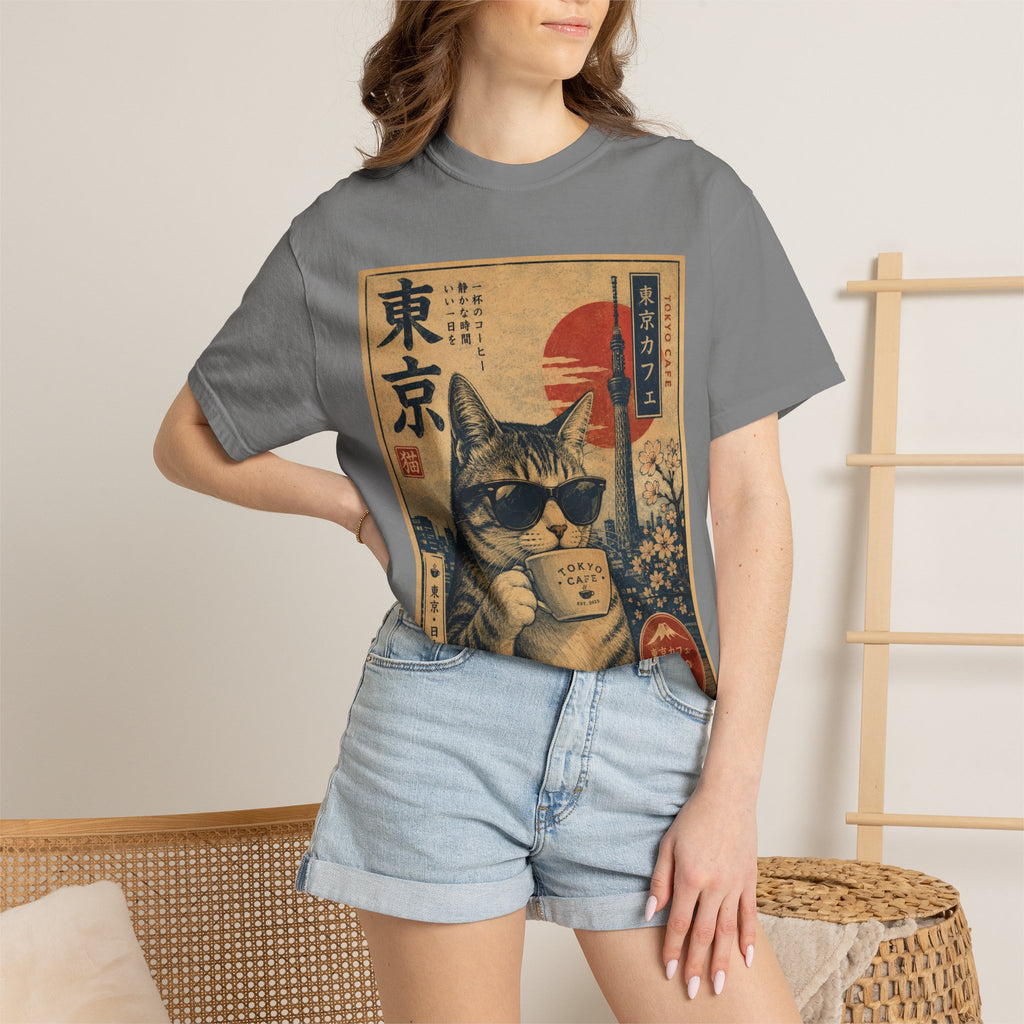 Tokyo Cat Coffee Retro Tee — Cat with Coffee Vintage Japanese Poster T-Shirt