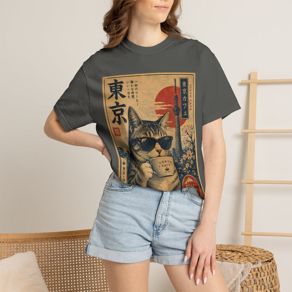 Tokyo Cat Coffee Retro Tee — Cat with Coffee Vintage Japanese Poster T-Shirt