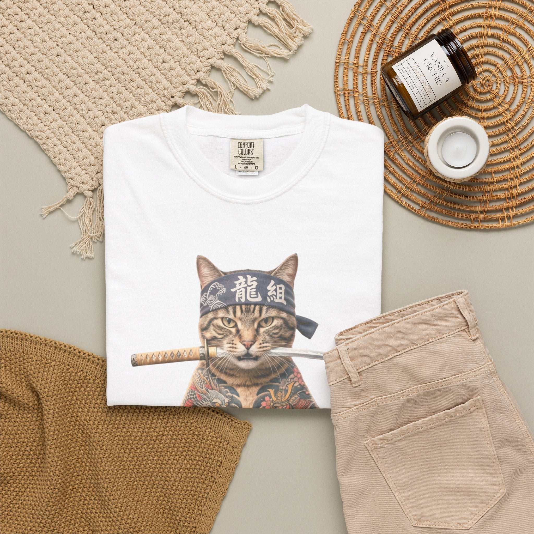 Tattooed Samurai Cat T-Shirt — Ink Tiger Graphic Tee
