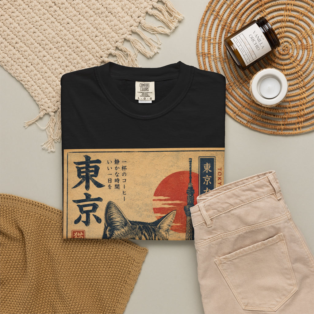 Tokyo Cat Coffee Retro Tee — Cat with Coffee Vintage Japanese Poster T-Shirt