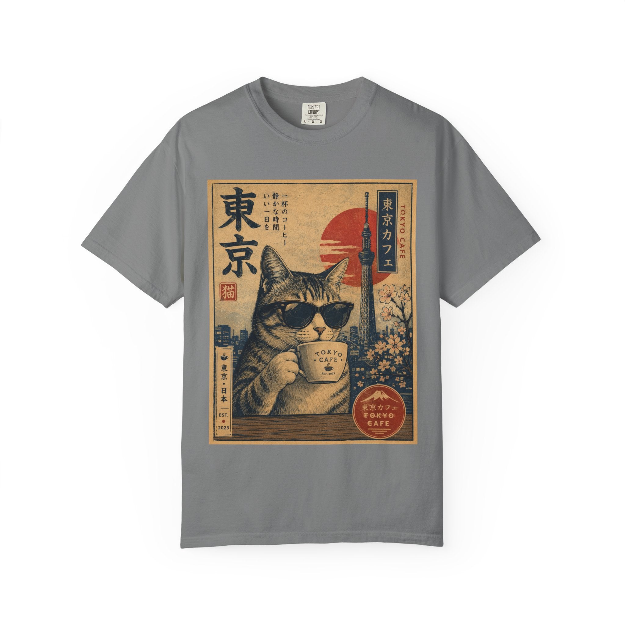 Tokyo Cat Coffee Retro Tee — Cat with Coffee Vintage Japanese Poster T-Shirt